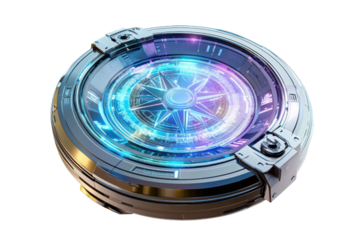 A futuristic, circular device featuring a glowing, multicolored center with intricate patterns and metallic edges. png