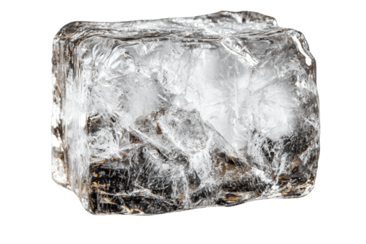 A clear, textured ice block showcasing intricate patterns and facets, reflecting light in various angles. png