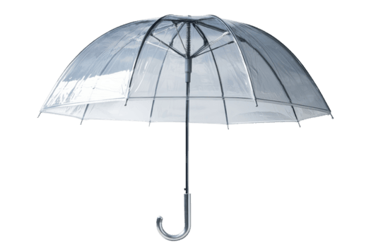 A clear umbrella with a curved handle, designed to shield from rain while allowing visibility. png