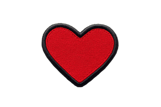 A vibrant red heart patch with black border, symbolizing love and affection, isolated on transparency background. textured fabric design adds tactile element to simple yet striking emblem png