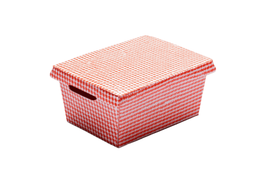 A red and white checkered storage box with lid and handle cutouts, perfect for organizing items in stylish way. pattern adds decorative touch to any room png