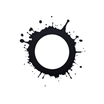 A black ink splatter forms circular shape with dynamic splashes extending outward, creating abstract and artistic design transparency background. contrast highlights fluidity and randomness of ink png