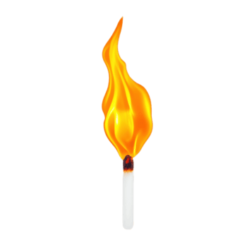 A single matchstick with bright, vibrant flame against transparency background, symbolizing ignition and energy. flame dynamic shape and vivid colors create striking visual contrast png
