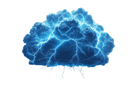 A vibrant blue cloud with intense lightning bolts striking outward, creating dramatic and electrifying visual effect. energy and power of storm are vividly captured in this dynamic image png