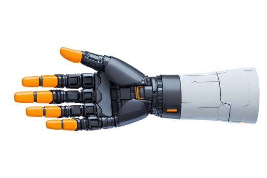 en trogen robot hand med orange tippad fingrar, visa upp Avancerad teknologi och elegant design. mekanisk ärm är designad för precision och innovation i robotik png