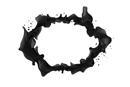 A dynamic black ink splash forms irregular circular shape transparency background, creating striking contrast and artistic effect. splash appears fluid and energetic, suggesting movement and png