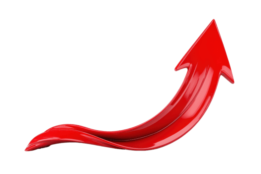 A shiny red upward arrow with sleek, curved design symbolizes growth and progress. vibrant color and dynamic shape convey sense of movement and positive direction png
