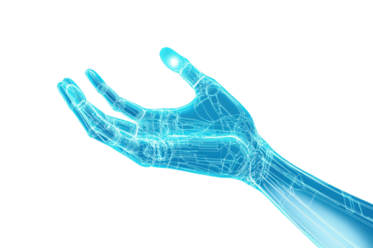 A digital rendering of futuristic robotic hand with glowing blue wireframe design, symbolizing advanced technology and innovation. hand is open, suggesting interaction and connectivity png