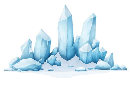 A cluster of large, translucent ice crystals with sharp edges and frosty surface, set against snowy base, creating cold and serene atmosphere png