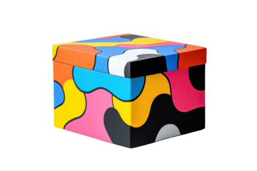 un' colorato, astratto fantasia scatola con vivace design con vario forme e colori, Compreso blu, giallo, rosa, e Nero, la creazione di giocoso e artistico aspetto png