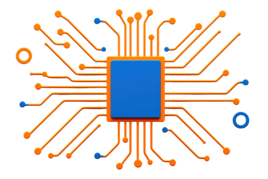 A vibrant illustration of blue microchip with orange circuit lines extending outward, symbolizing technology and connectivity. design is modern and abstract, featuring circular elements png