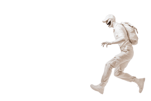 A person dressed in all white, including cap and backpack, is captured in mid air as they leap forward against plain background. dynamic pose and monochromatic outfit create striking visual effect png