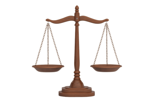 A wooden balance scale with two hanging pans symbolizes justice and fairness. scale is crafted from wood with intricate details, representing equality and impartiality in legal contexts png