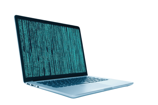 un pulcro ordenador portátil mostrando digital matriz de azul código en sus pantalla, simbolizando tecnología y datos Procesando. abierto ordenador portátil es aislado en transparencia fondo, enfatizando sus moderno diseño png