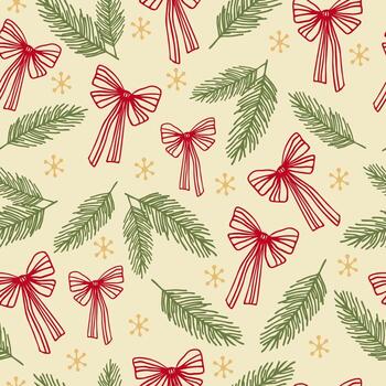 un festivo sin costura modelo con rojo arcos, verde pino sucursales, y minúsculo amarillo copos de nieve. un antecedentes para celebrando Navidad y nuevo año. vector