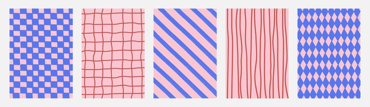 Playful seamless backgrounds with abstract geometric and hand-drawn patterns in pink and blue. Modern whimsical textures with stripes, diamonds, grids, and wavy lines. Flat illustration. vector