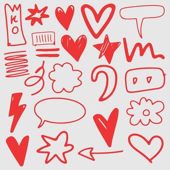 A collection of various red hand-drawn marks including circles checkmarks arrows and scribbles on a white background. vector