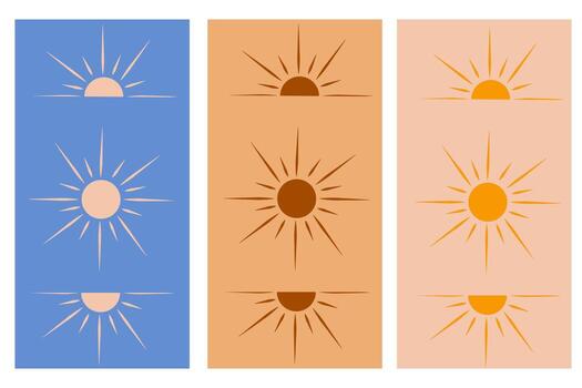 An abstract hand-drawn image of a sun with rays. Sun-shaped icons and stickers with rays on various backgrounds in vibrant colors. Bookmarks, screensavers, banners, and stickers. vector