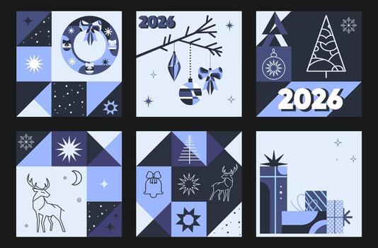 Merry Christmas and Happy New Year square templates for greeting cards, covers, and posters in a modern, simple geometric style. Minimalistic holiday grid backgrounds with abstract icons. set vector