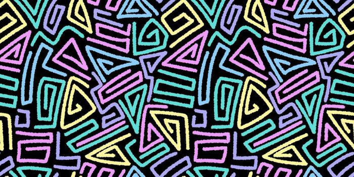 Abstract geometric seamless pattern with textured lines. Repeated ethnic motif on black. Great for textile, fabric, wallpaper, wrapping, scrapbook and packaging vector