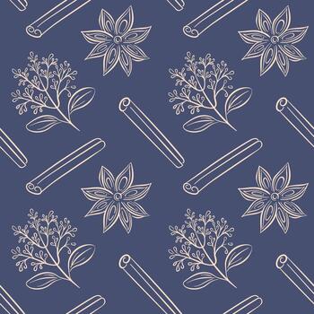 Seamless pattern with cinnamon stick, star anise and branch drawn in line art style on a blue background. vector