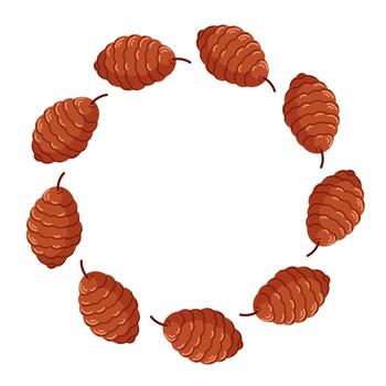 Circular wreath frame with brown pinecone arranged in circle on white background with empty center space for text or design element. Flat style. vector