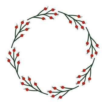 Circular wreath frame green rowan branch in circle on white background in flat style. Empty center space for text or design element. vector