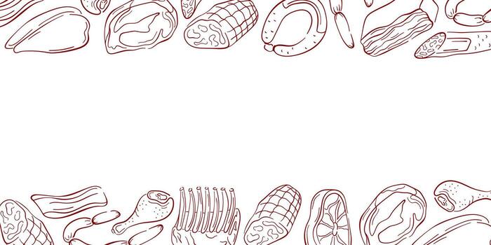 Border frame with various meat cuts, chicken, bacon in line art style. Perfect for butcher shop design, recipe book or flyer. vector