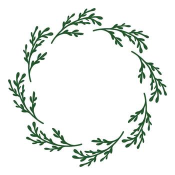 Circular wreath frame with green botanical branch in circle on white background in flat style. Empty center space for text or design element. vector