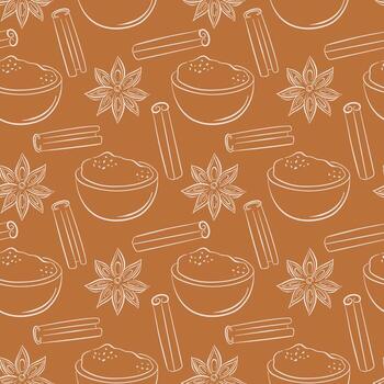 Seamless pattern with bowl of ground cinnamon, stick and star anise in line art style on a warm brown background. vector