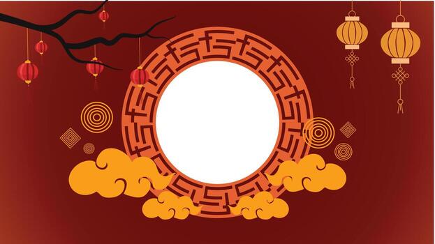 Round frame with lanterns clouds and oriental red background vector