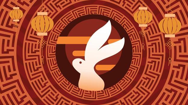 Golden rabbit design inside circular oriental pattern with lanterns vector