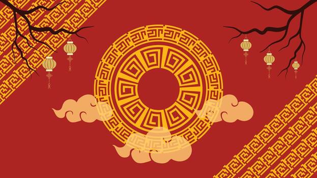 Circular oriental pattern with clouds branches and lanterns on red vector
