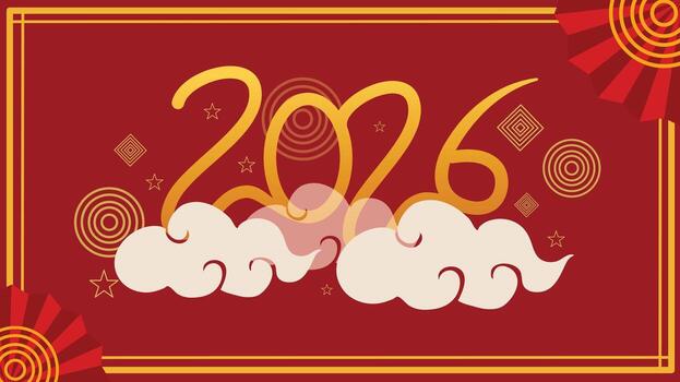 2026 golden typography with clouds and red frame background vector