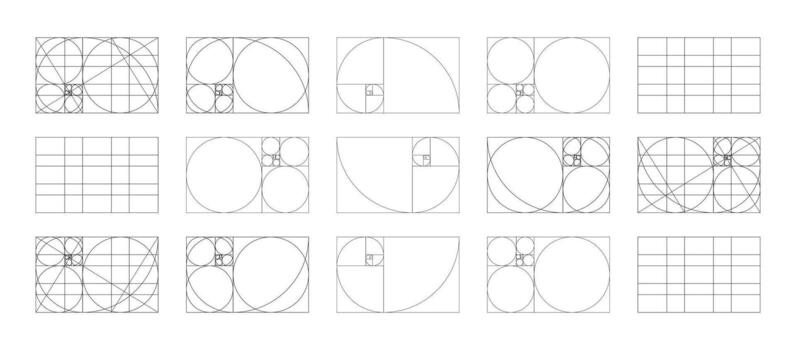 Fibonacci array, numbers forms. Golden ratio section grid. Harmony proportions black frames templates. Golden Spiral patterns. Method golden section. Outline graphic thin printable illustrations. vector
