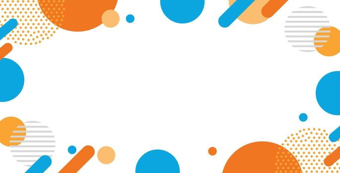 Abstract Geometric Frame Background. Modern Design with Circles, Dashes, Halftone Dots, and Shapes Bordering a White Center in Bright Orange and Teal Blue. vector