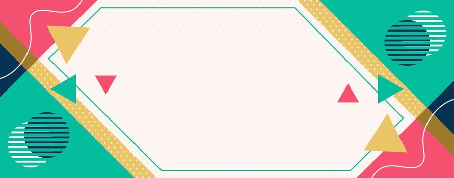 Abstract Geometric Frame Background. Modern Design with Circles, Dashes, Halftone Dots, and Shapes Bordering a White Center in Bright Orange and Teal Blue vector