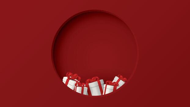 Red background and 3D circle frame paper cut style with gift boxes inside graphic illustration have blank space. vector