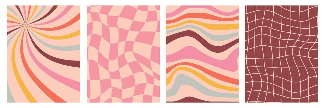 Collection of four abstract retro backgrounds featuring swirl, checkered, wavy, and distorted grid patterns in pink, red, orange, and yellow tones vector