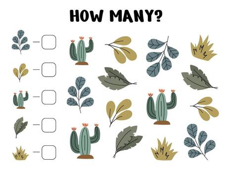 How Many Cactus and Leaf Objects Worksheet for Kids vector