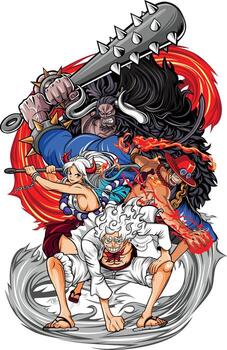 Epic Anime Style Warriors in Dynamic Battle Pose with Fiery and Storm Effects vector