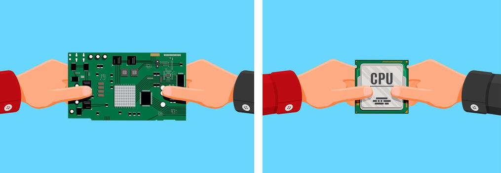 Hands holding a circuit board and CPU vector