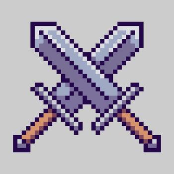 A classic emblem of two crossed swords, designed in a detailed retro pixel art style. This 8-bit illustration is a perfect symbol for battle, combat, fantasy, and adventure vector