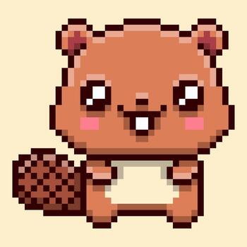 Adorable beaver character in a kawaii retro pixel art style. This cute 8-bit rodent features big, sparkling eyes, buck teeth, and a textured tail, making it a perfect mascot or character sprite vector