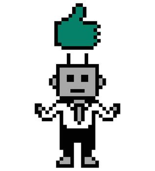 Character 8 bit robot business chat bot improve robotic pixel art. vector