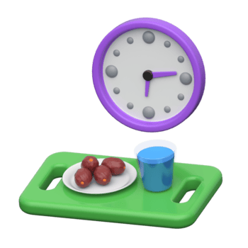 3D icon showing clock, dates, and water representing iftar time during Ramadan fasting png