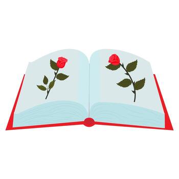 An open book with an image of two cute bright red roses on the pages. vector