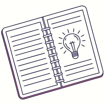 Open notebook with blank lined pages and a glowing light bulb on the right page writing vector