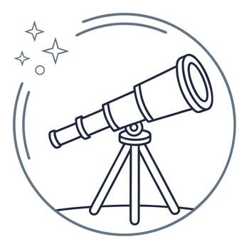 Outline drawing of a telescope on a tripod within a circular frame with stars astronomy science vector