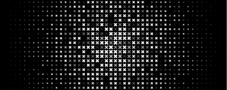 Cross halftone grid forms radial glow, energetic tech mood. X tiles, pulse effect. Topics technology, data, signal. Use background, banner, UI, presentation. Monochrome geometric. illustration. vector